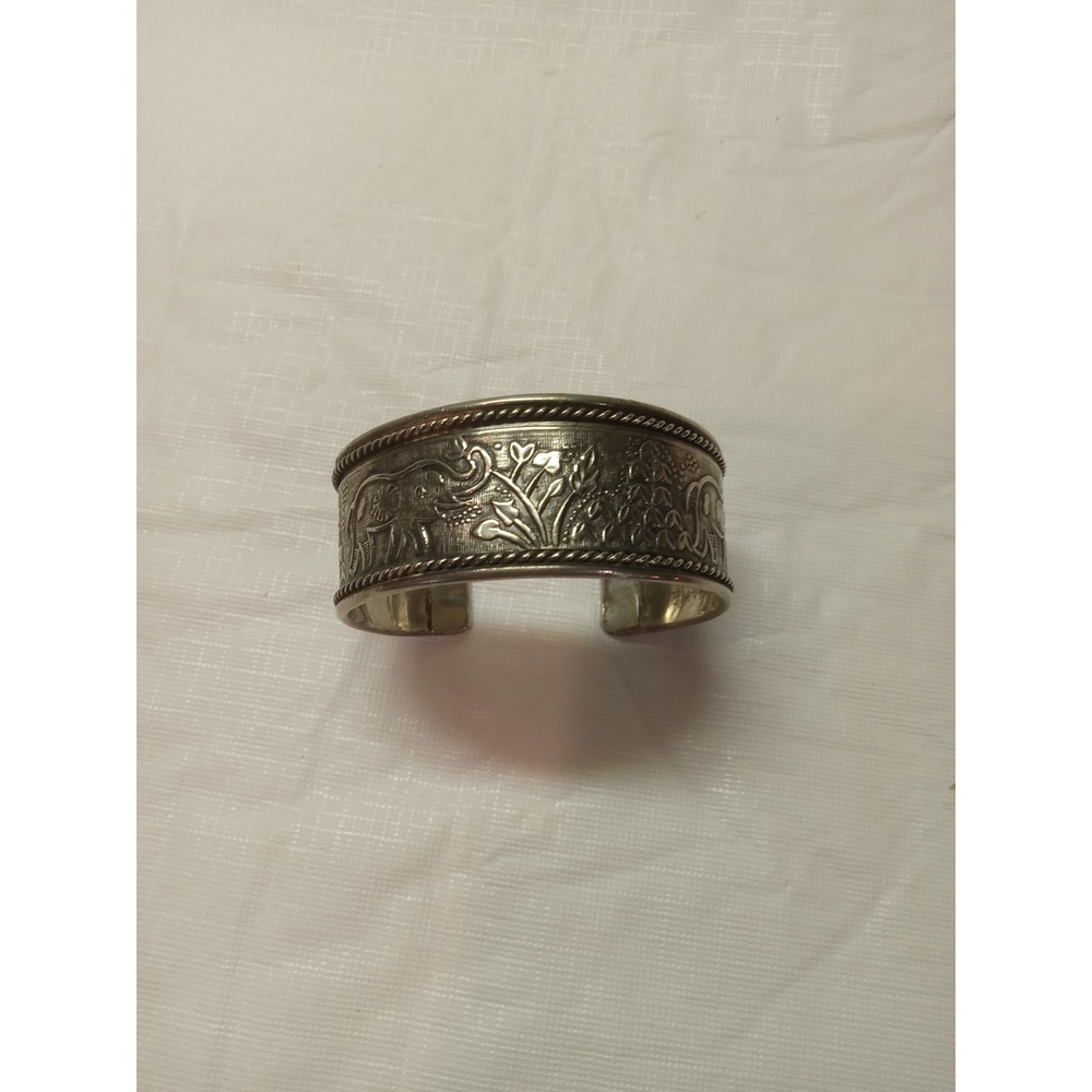 Vintage Made in India Elephant Floral Embossed Silver Tone Wide Cuff Bracelet